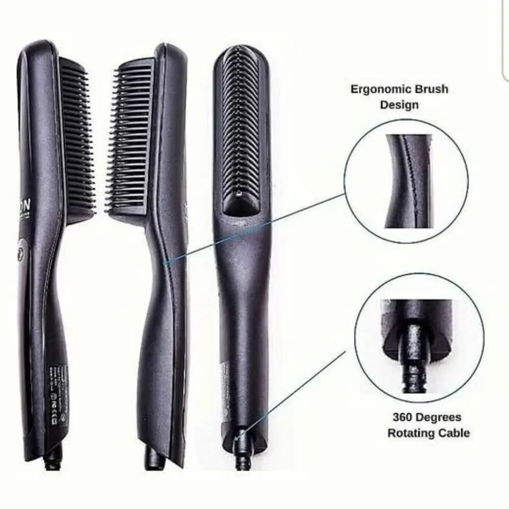 Ion Tourmaline Ceramic Beard & Hair Straightener Brush – Anti-Scald – New